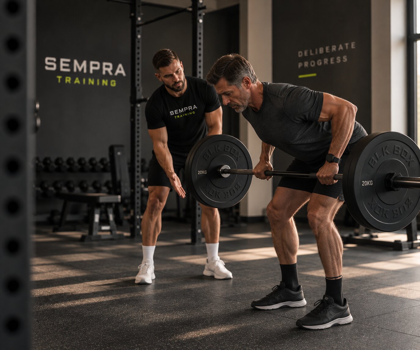 Trenér SEMPRA Training vede klienta při přítahu velké činky v předklonu