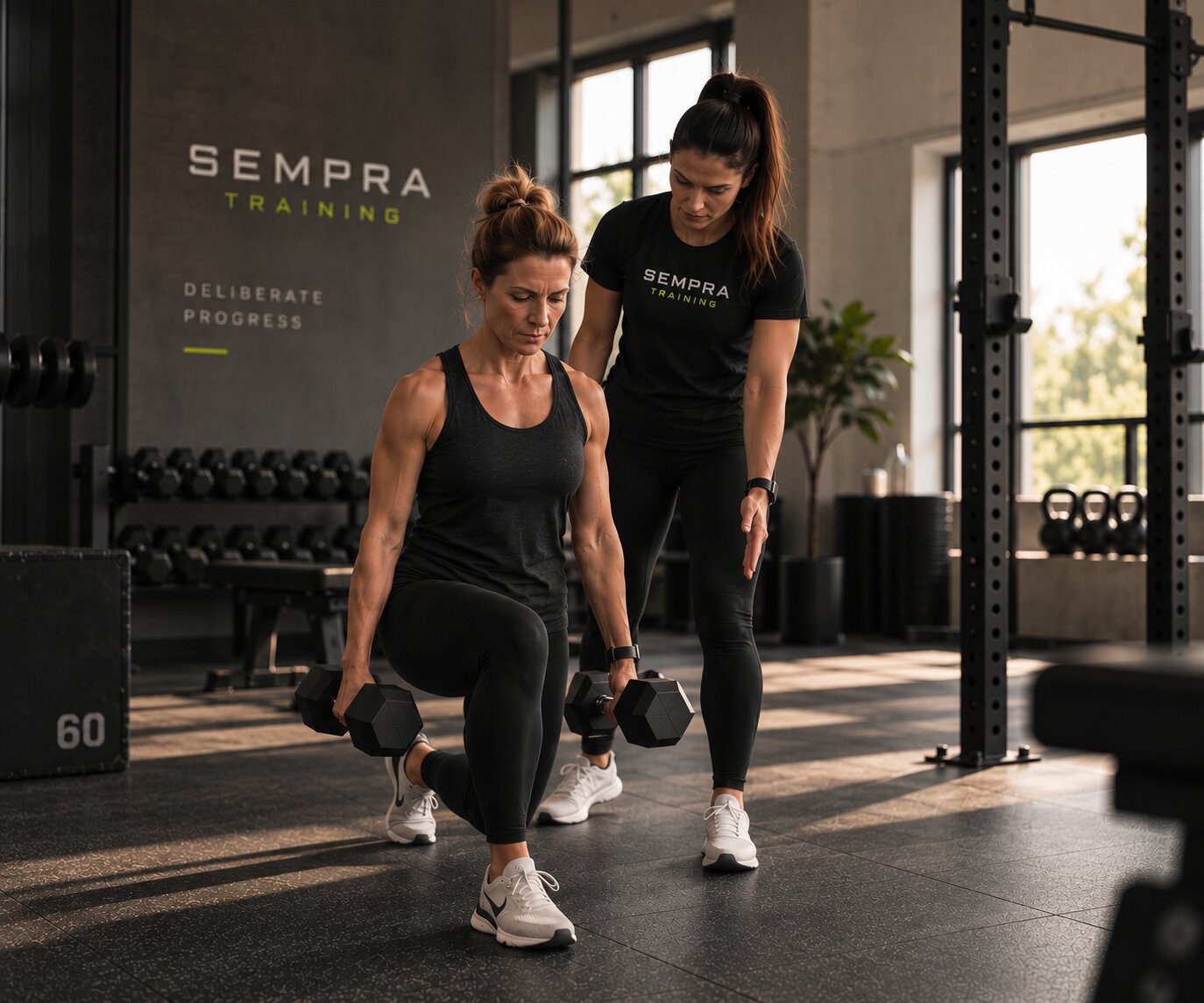 Trenérka SEMPRA Training dohlíží na klientku při výpadu s jednoručkami